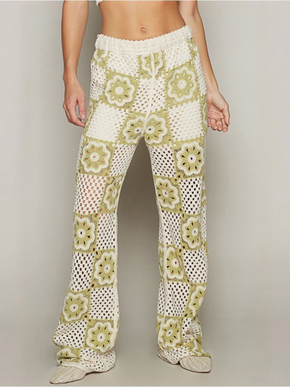 NWT POL Bohemian Green Granny Square Flower Crochet Wide Leg Pants One Size